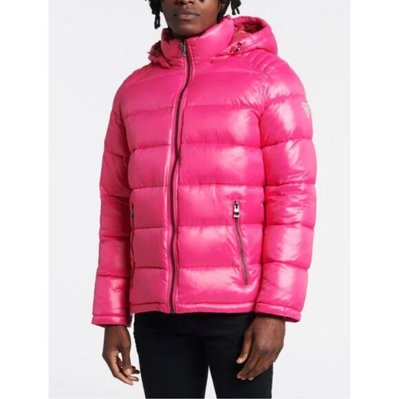 Guess 119RN716 Mens Midweight Hooded Puffer Coat Pink SMALL Winter Zipper Pocket - Picture 2 of 12